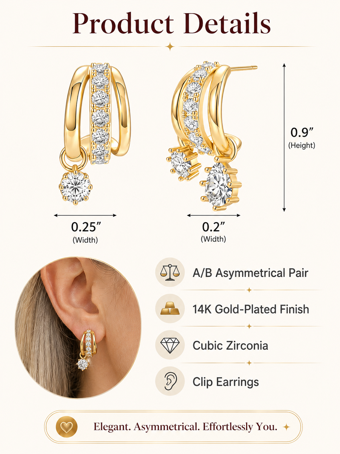 ✨ Jewelry Special 💛 14K Gold-Plated Asymmetrical Earrings with Zircon Pendants for Women & Girls 💎