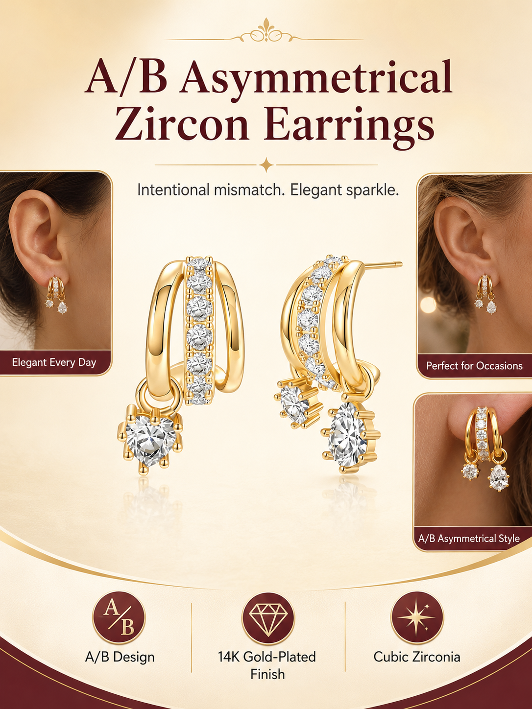 ✨ Jewelry Special 💛 14K Gold-Plated Asymmetrical Earrings with Zircon Pendants for Women & Girls 💎