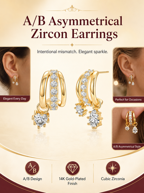 ✨ Jewelry Special 💛 14K Gold-Plated Asymmetrical Earrings with Zircon Pendants for Women & Girls 💎