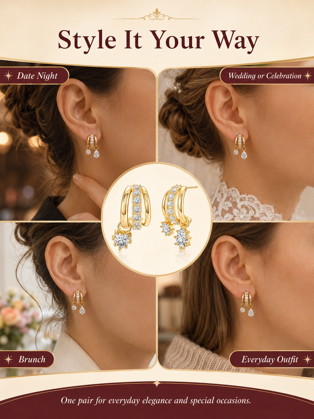 ✨ Jewelry Special 💛 14K Gold-Plated Asymmetrical Earrings with Zircon Pendants for Women & Girls 💎
