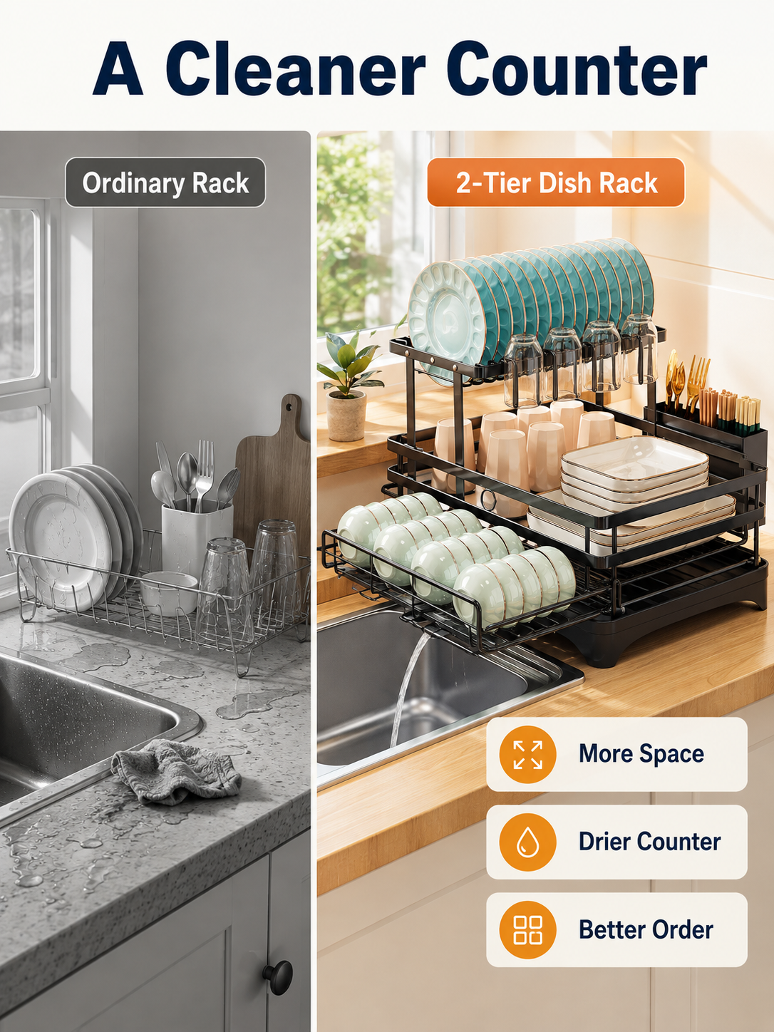 🍽️ Kitchen Upgrade ✨ 2-Tier Stainless Steel Dish Drying Rack with Drainboard & Utensil Holder