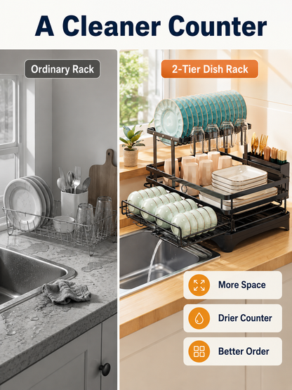 🍽️ Kitchen Upgrade ✨ 2-Tier Stainless Steel Dish Drying Rack with Drainboard & Utensil Holder