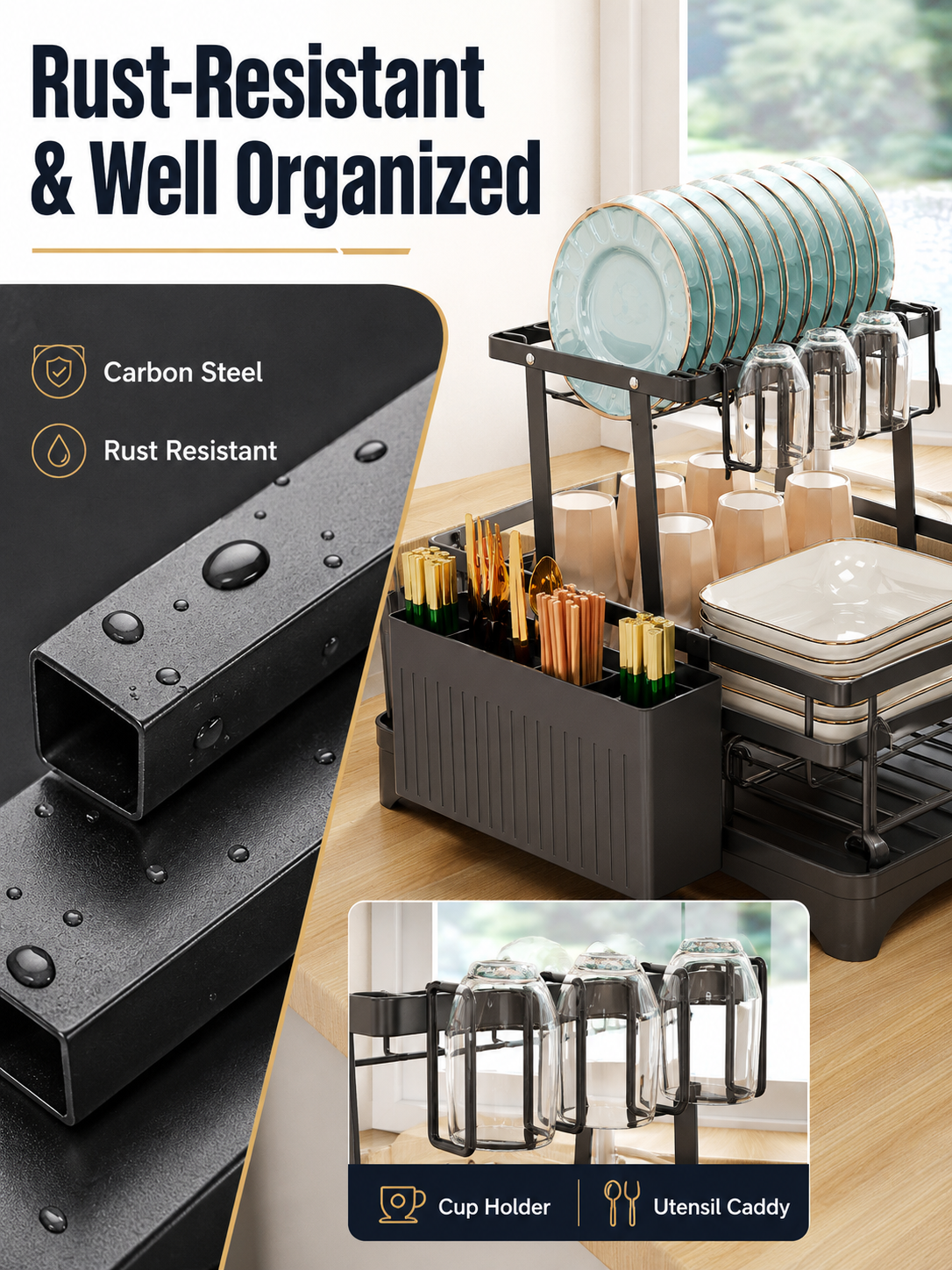 🍽️ Kitchen Upgrade ✨ 2-Tier Stainless Steel Dish Drying Rack with Drainboard & Utensil Holder