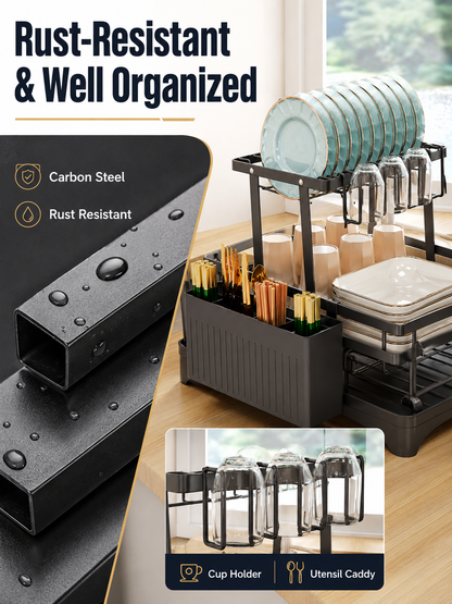 🍽️ Kitchen Upgrade ✨ 2-Tier Stainless Steel Dish Drying Rack with Drainboard & Utensil Holder