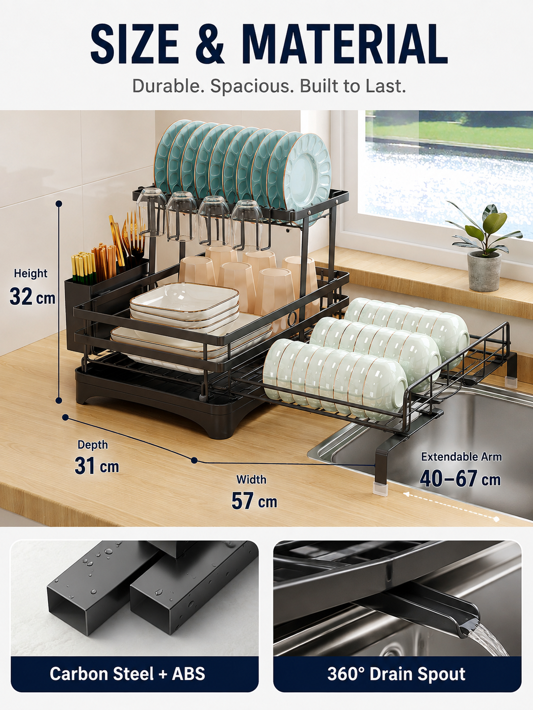 🍽️ Kitchen Upgrade ✨ 2-Tier Stainless Steel Dish Drying Rack with Drainboard & Utensil Holder
