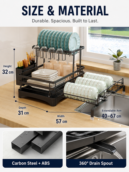 🍽️ Kitchen Upgrade ✨ 2-Tier Stainless Steel Dish Drying Rack with Drainboard & Utensil Holder