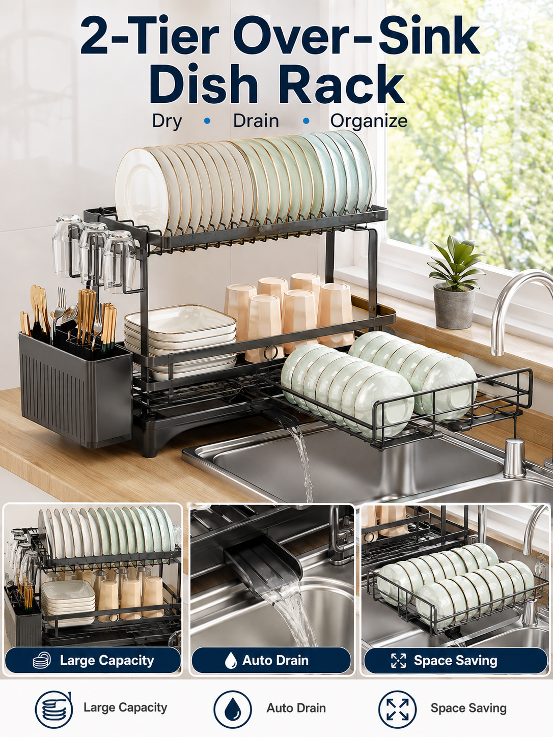 🍽️ Kitchen Upgrade ✨ 2-Tier Stainless Steel Dish Drying Rack with Drainboard & Utensil Holder