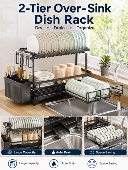 🍽️ Kitchen Upgrade ✨ 2-Tier Stainless Steel Dish Drying Rack with Drainboard & Utensil Holder