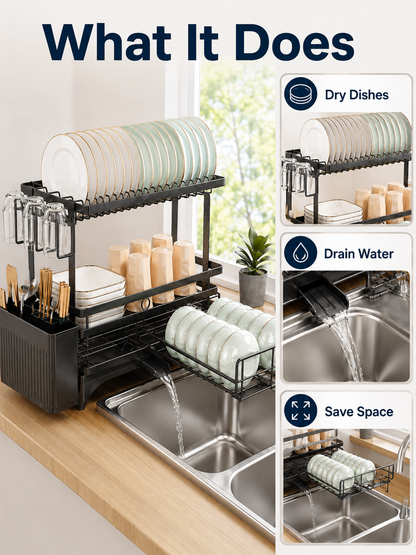 🍽️ Kitchen Upgrade ✨ 2-Tier Stainless Steel Dish Drying Rack with Drainboard & Utensil Holder