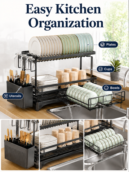 🍽️ Kitchen Upgrade ✨ 2-Tier Stainless Steel Dish Drying Rack with Drainboard & Utensil Holder