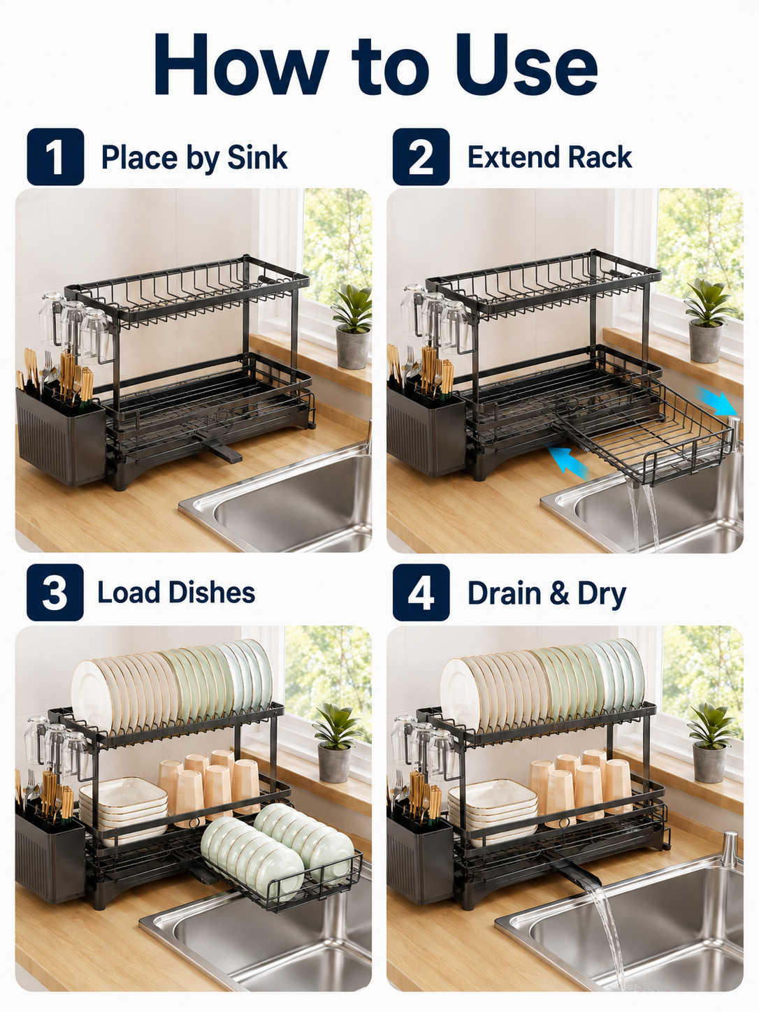 🍽️ Kitchen Upgrade ✨ 2-Tier Stainless Steel Dish Drying Rack with Drainboard & Utensil Holder