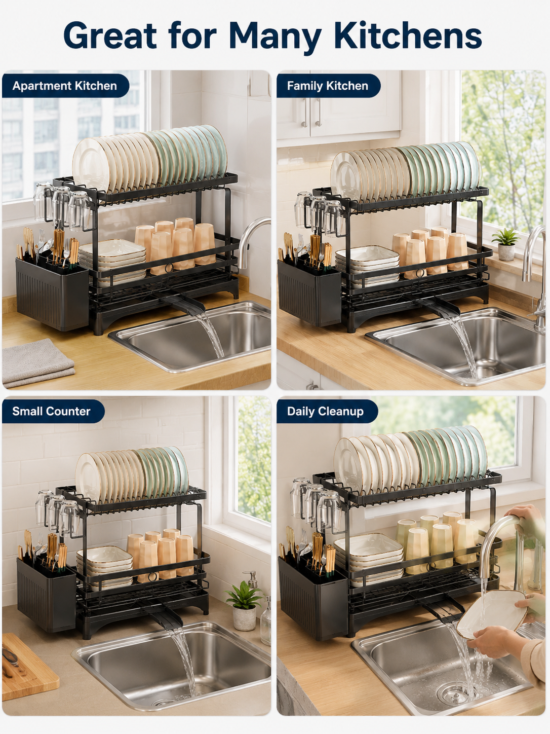 🍽️ Kitchen Upgrade ✨ 2-Tier Stainless Steel Dish Drying Rack with Drainboard & Utensil Holder