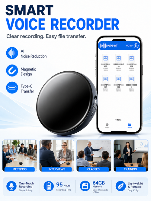 🎙️ Smart Tech Pick ✨ One-Touch Magnetic Voice Recorder with HD Noise Reduction, Long Battery & Large Storage