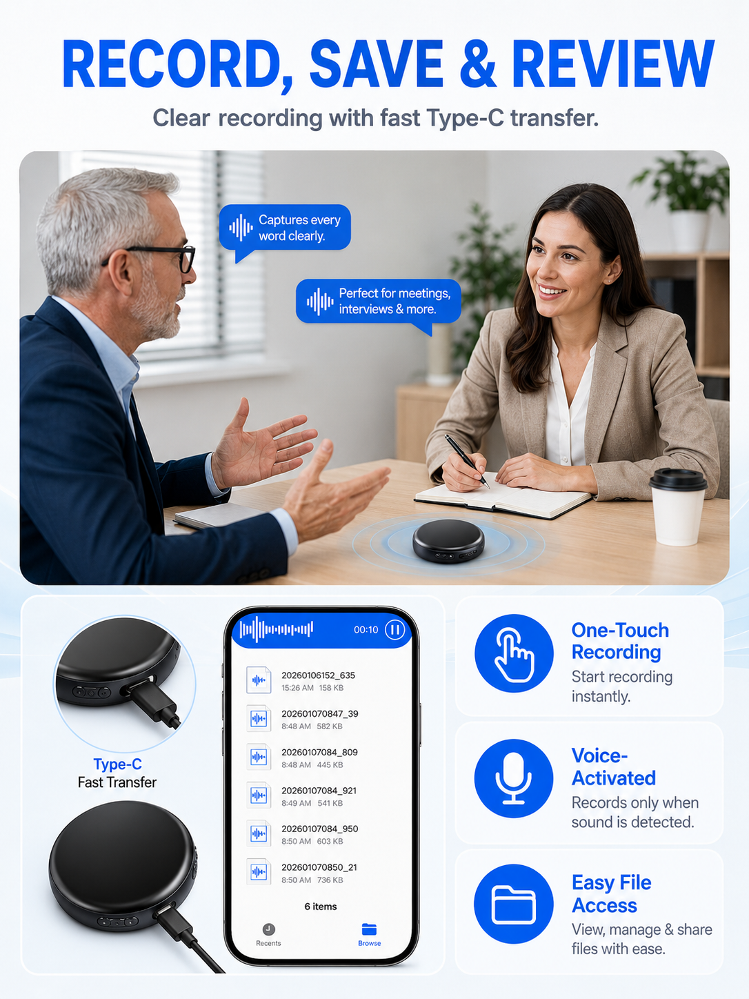 🎙️ Smart Tech Pick ✨ One-Touch Magnetic Voice Recorder with HD Noise Reduction, Long Battery & Large Storage