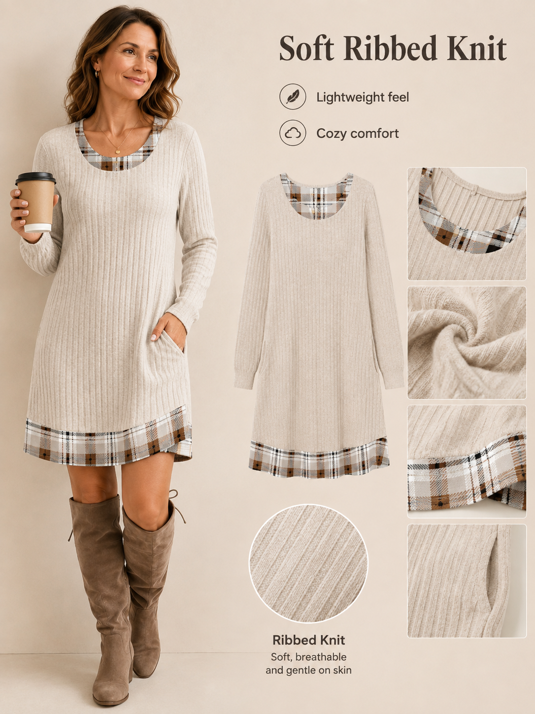 🔥Fall Fashion Pick 🍂  Women's Color-Block Sweater Dress with Ribbed Texture & Side Pockets