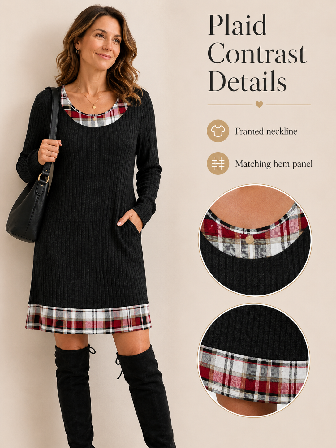 🔥Fall Fashion Pick 🍂  Women's Color-Block Sweater Dress with Ribbed Texture & Side Pockets