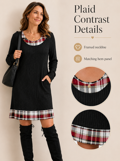 🔥Fall Fashion Pick 🍂  Women's Color-Block Sweater Dress with Ribbed Texture & Side Pockets