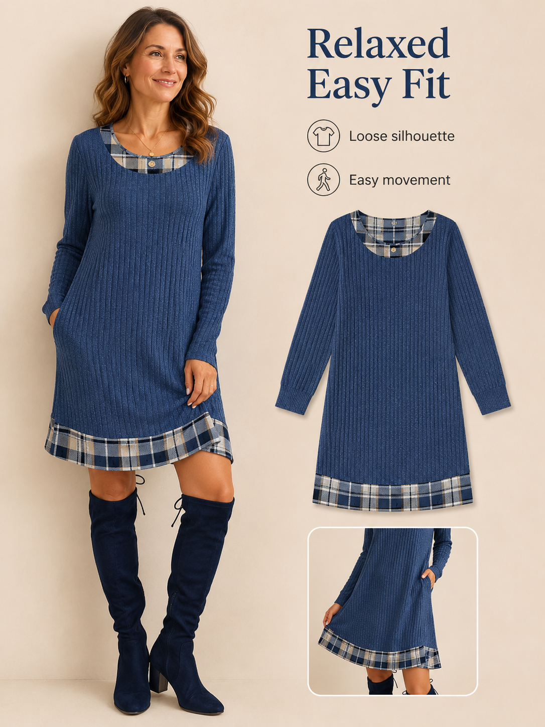 🔥Fall Fashion Pick 🍂  Women's Color-Block Sweater Dress with Ribbed Texture & Side Pockets