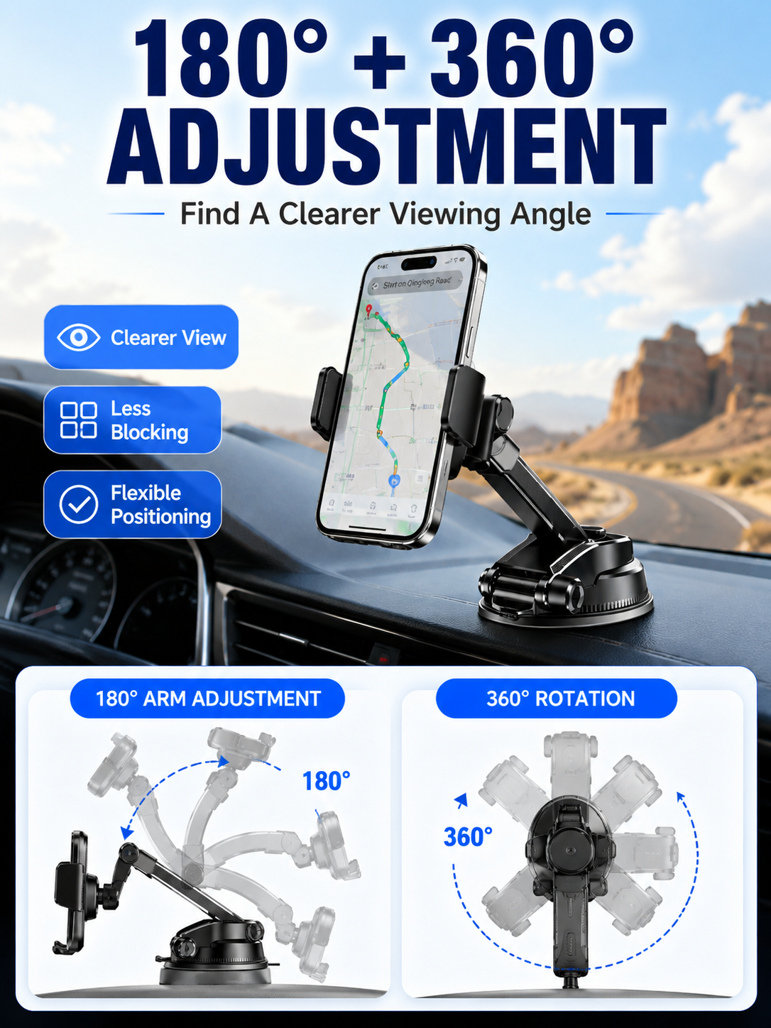 🚗 Auto Upgrade ✨ 2026 Car Phone Holder with Secure Windshield & Dashboard Mount for iPhone & Android