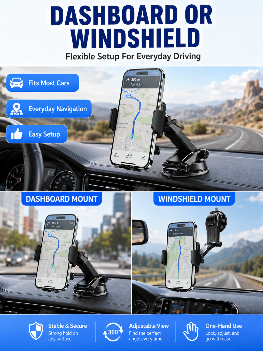 🚗 Auto Upgrade ✨ 2026 Car Phone Holder with Secure Windshield & Dashboard Mount for iPhone & Android