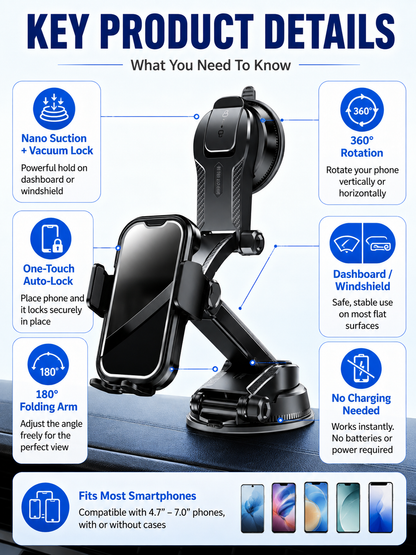 🚗 Auto Upgrade ✨ 2026 Car Phone Holder with Secure Windshield & Dashboard Mount for iPhone & Android