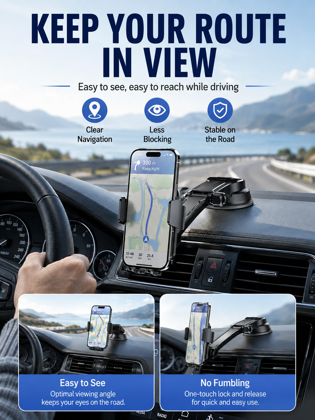 🚗 Auto Upgrade ✨ 2026 Car Phone Holder with Secure Windshield & Dashboard Mount for iPhone & Android