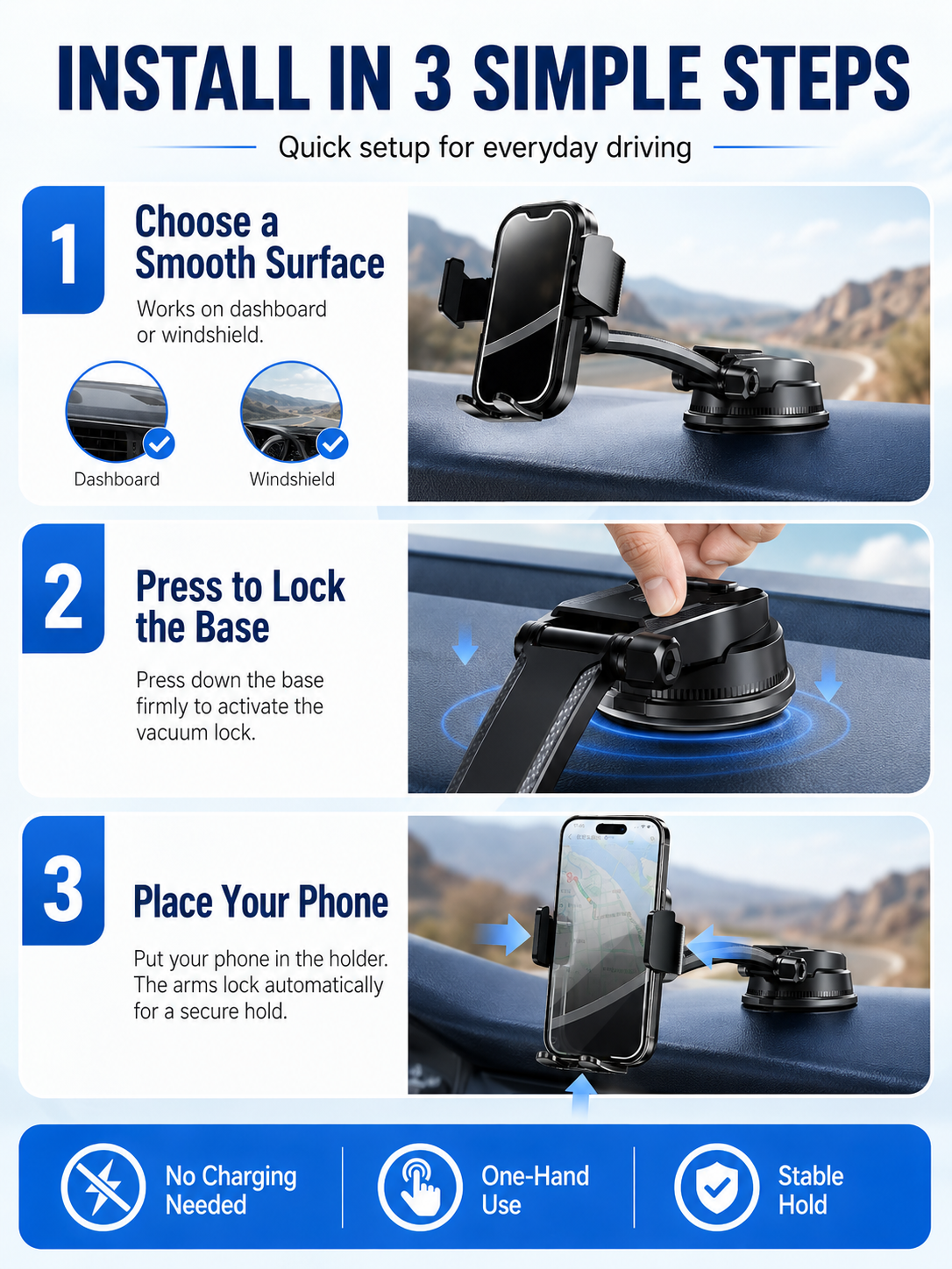 🚗 Auto Upgrade ✨ 2026 Car Phone Holder with Secure Windshield & Dashboard Mount for iPhone & Android
