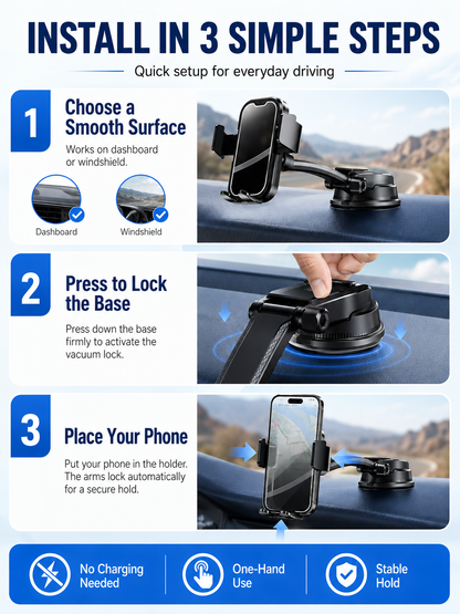 🚗 Auto Upgrade ✨ 2026 Car Phone Holder with Secure Windshield & Dashboard Mount for iPhone & Android