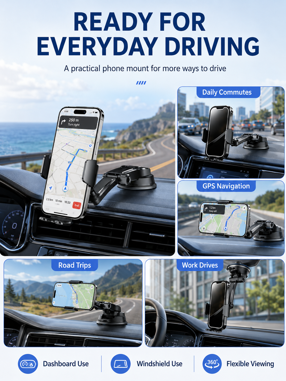 🚗 Auto Upgrade ✨ 2026 Car Phone Holder with Secure Windshield & Dashboard Mount for iPhone & Android