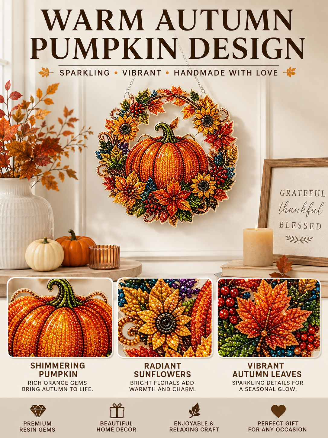 🎃 Halloween Craft Deal ✨ Pumpkin Wreath Gem Art Kit for Sparkling Wall Decor