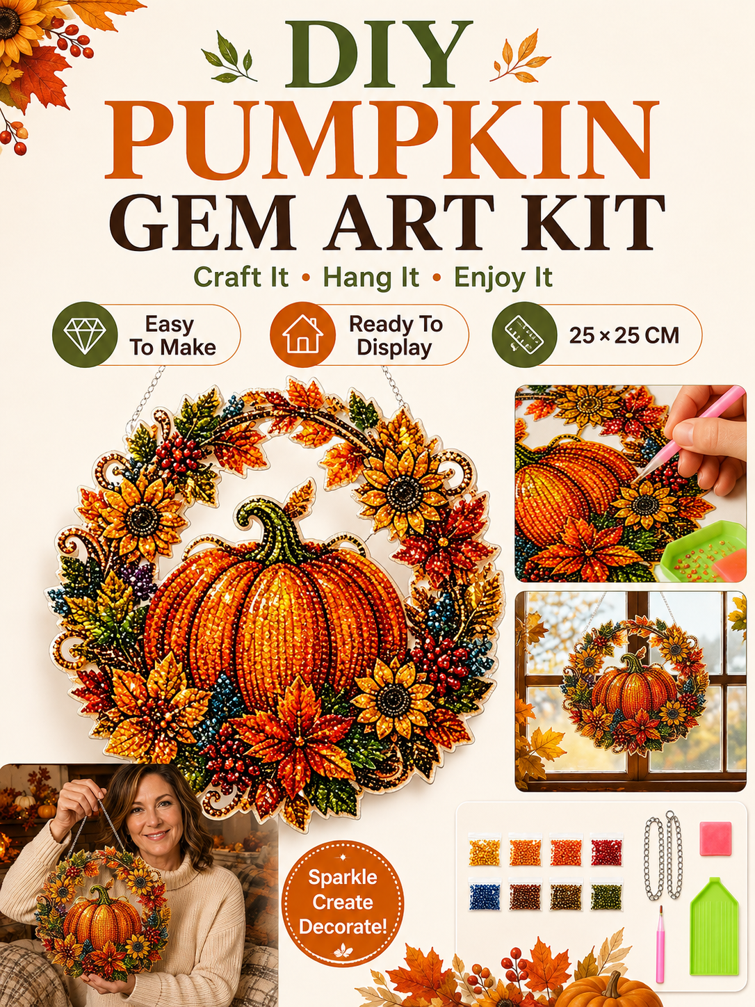 🎃 Halloween Craft Deal ✨ Pumpkin Wreath Gem Art Kit for Sparkling Wall Decor