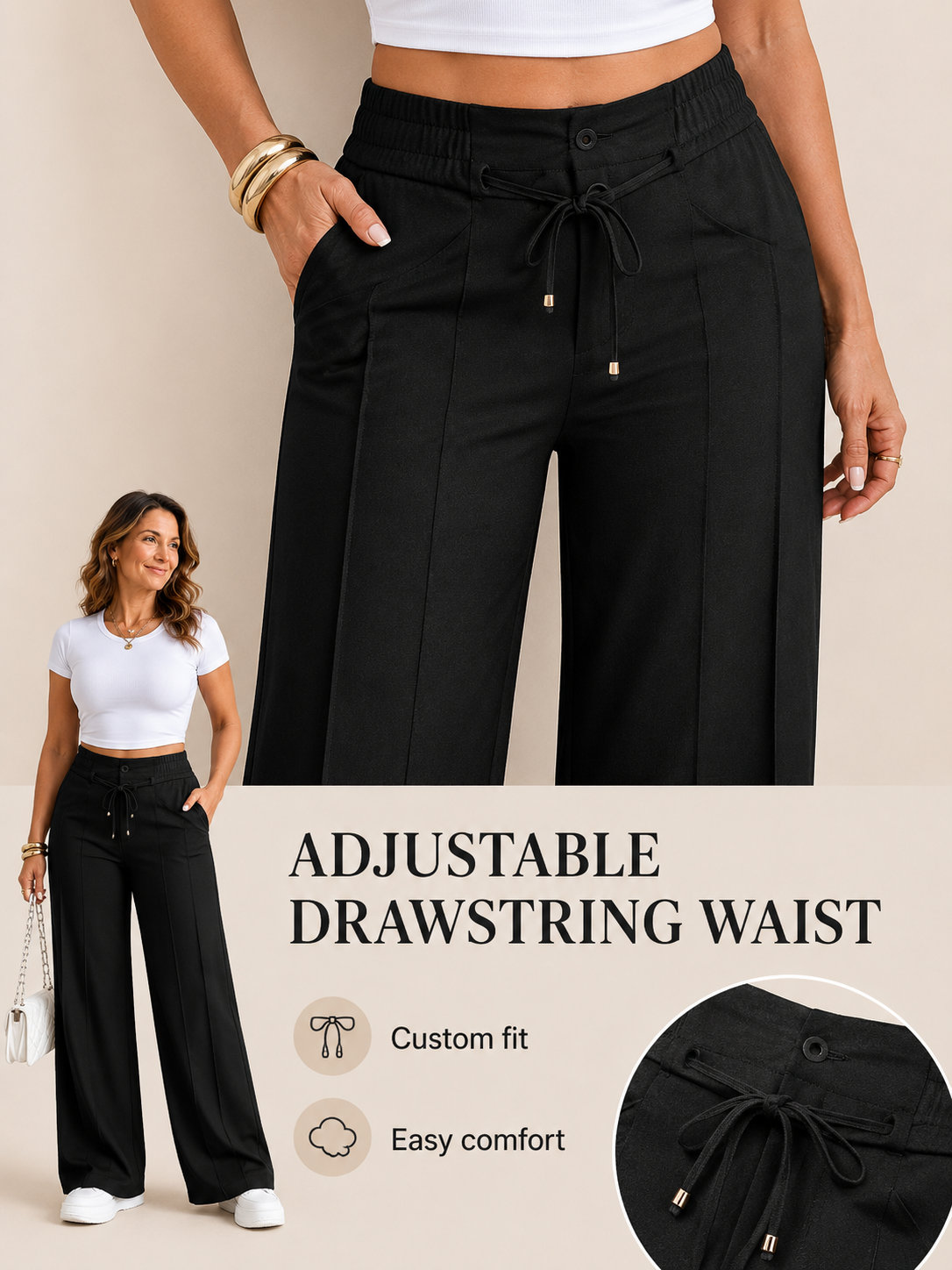 👖 Everyday Style ✨ High-Waisted Wide-Leg Pants with Drawstring Waist for Effortless Comfort