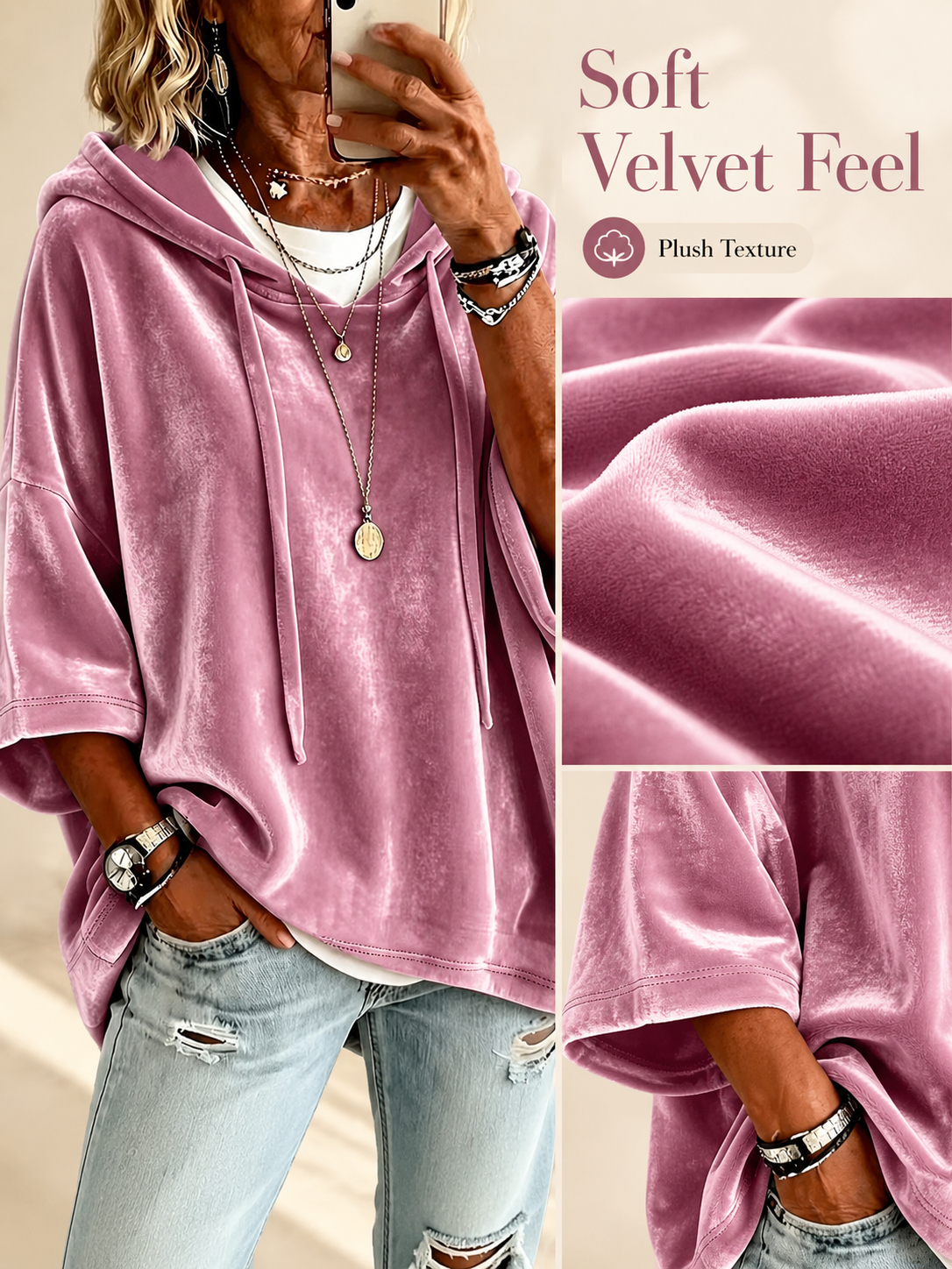 🔥 Cozy Season Deal 🍂 Women's Velvet Oversized Hoodie with Drawstring & Long Sleeves for Casual Winter Style