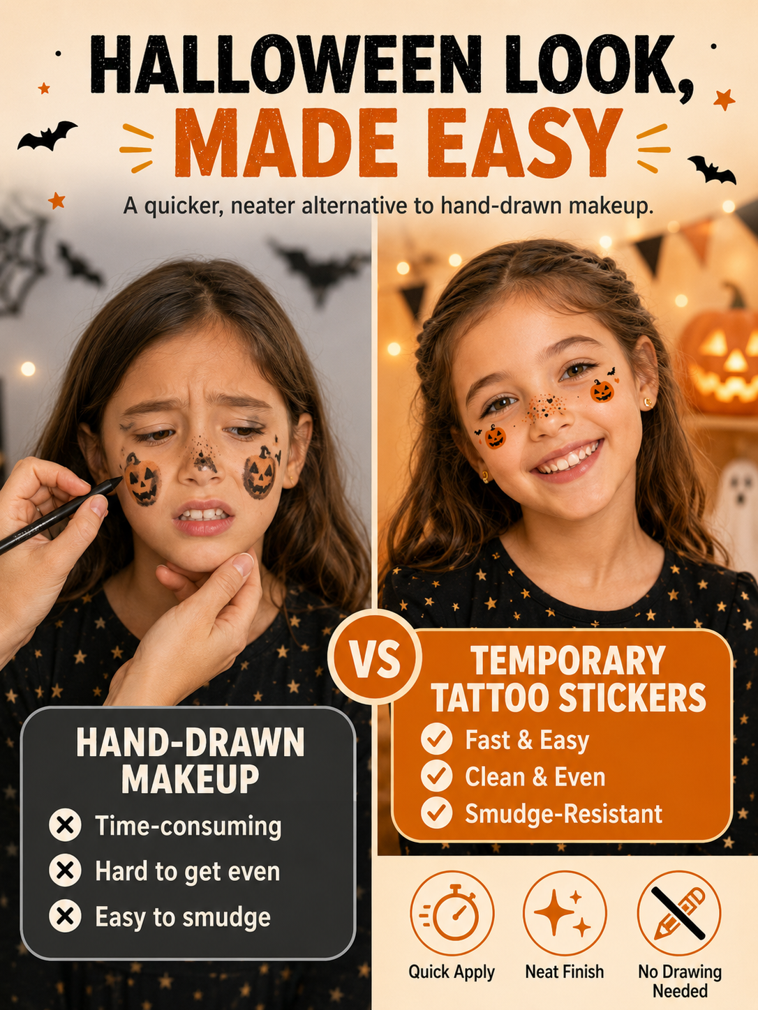 🎃 Halloween Style ✨ Pumpkin, Bat & Moon Temporary Face Tattoo Stickers for Spooky Party Looks