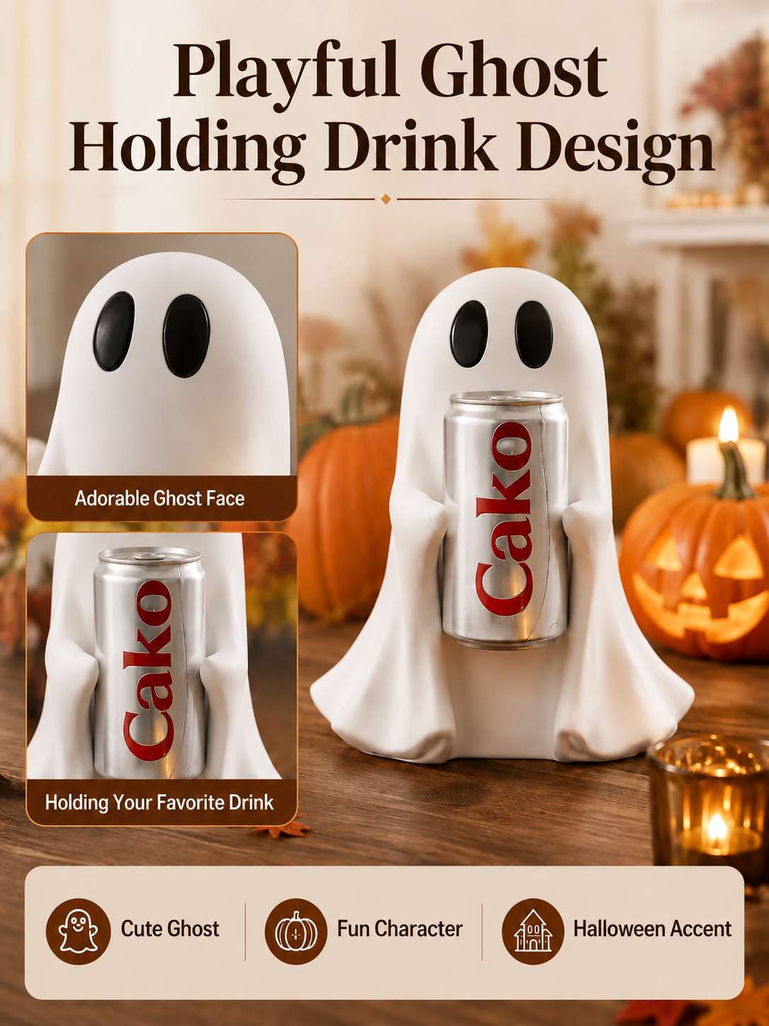 👻 Halloween Pick ✨ Cute Ghost Holding Drink Resin Figurine for Spooky Home & Desktop Decor