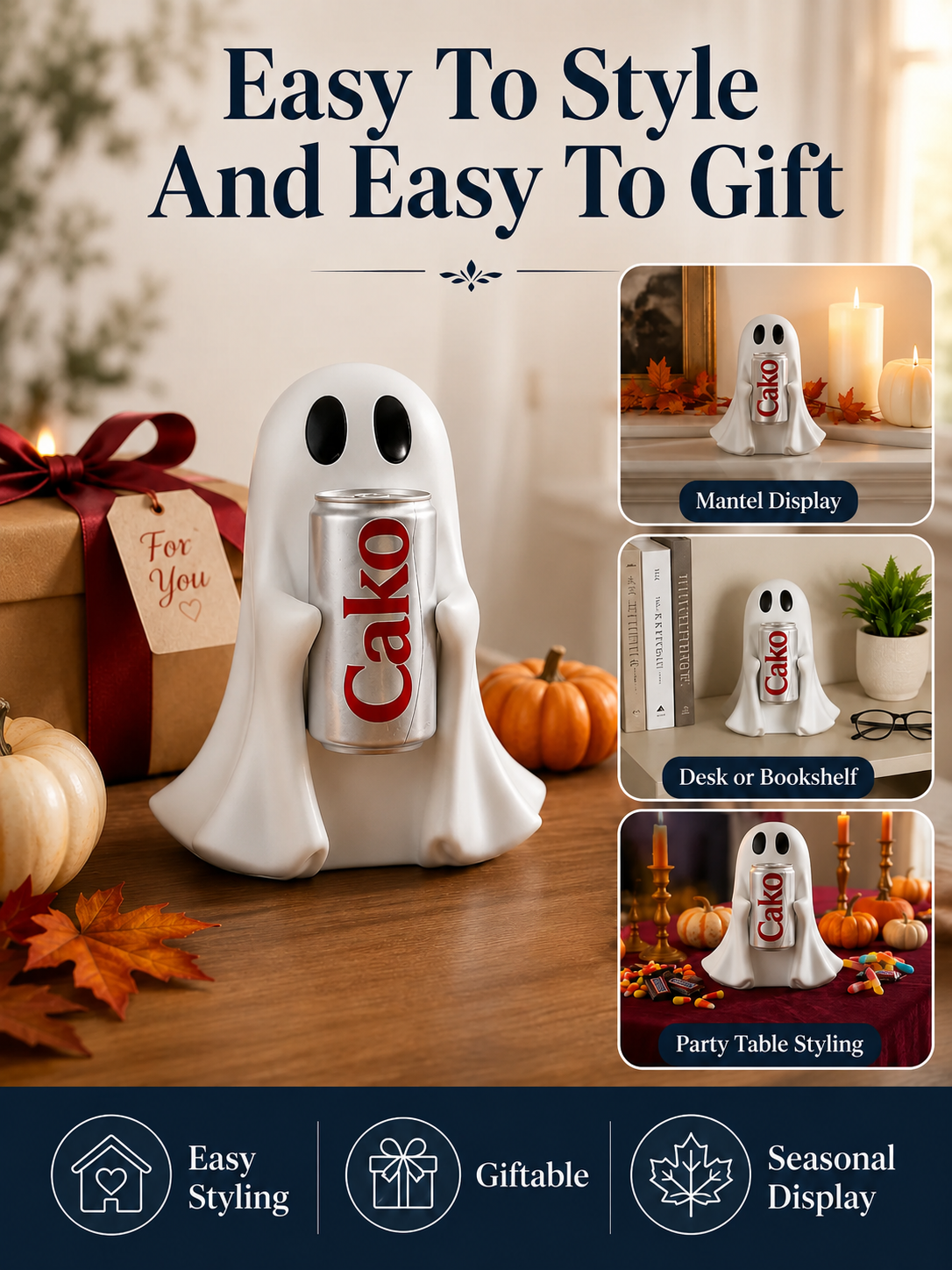 👻 Halloween Pick ✨ Cute Ghost Holding Drink Resin Figurine for Spooky Home & Desktop Decor