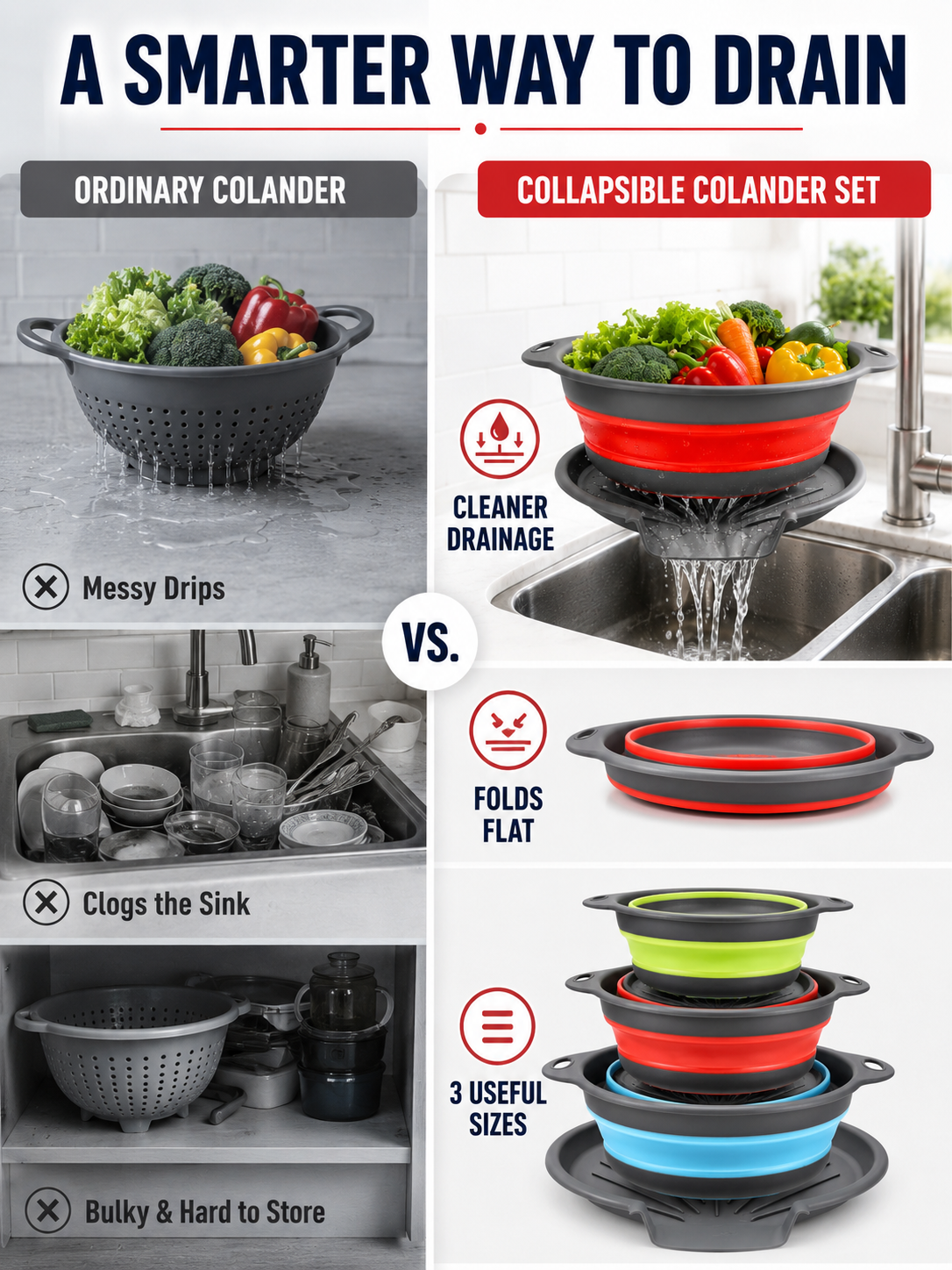 🥗💧Kitchen Colander Set ✨ Space-Saving Collapsible Strainers with Over-Sink Self-Draining Design for Easy Meal Prep