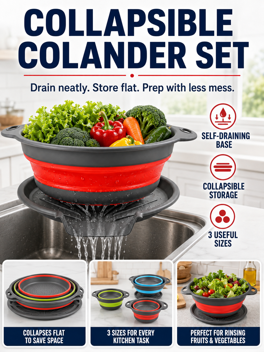🥗💧Kitchen Colander Set ✨ Space-Saving Collapsible Strainers with Over-Sink Self-Draining Design for Easy Meal Prep