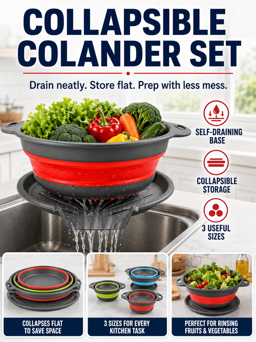 🥗💧Kitchen Colander Set ✨ Space-Saving Collapsible Strainers with Over-Sink Self-Draining Design for Easy Meal Prep