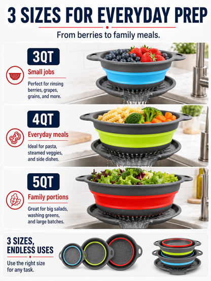 🥗💧Kitchen Colander Set ✨ Space-Saving Collapsible Strainers with Over-Sink Self-Draining Design for Easy Meal Prep