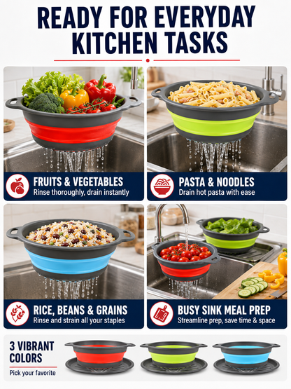 🥗💧Kitchen Colander Set ✨ Space-Saving Collapsible Strainers with Over-Sink Self-Draining Design for Easy Meal Prep