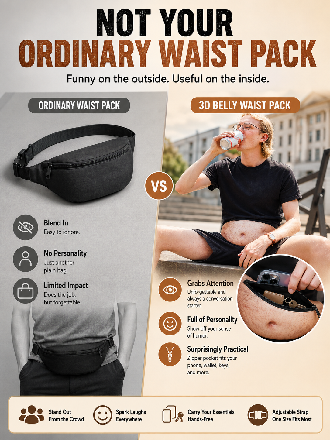 😂 Funny Dad Belly Fanny Pack 🍺🎒Adjustable Zipper Waist Bag for Travel Parties & Everyday Carry