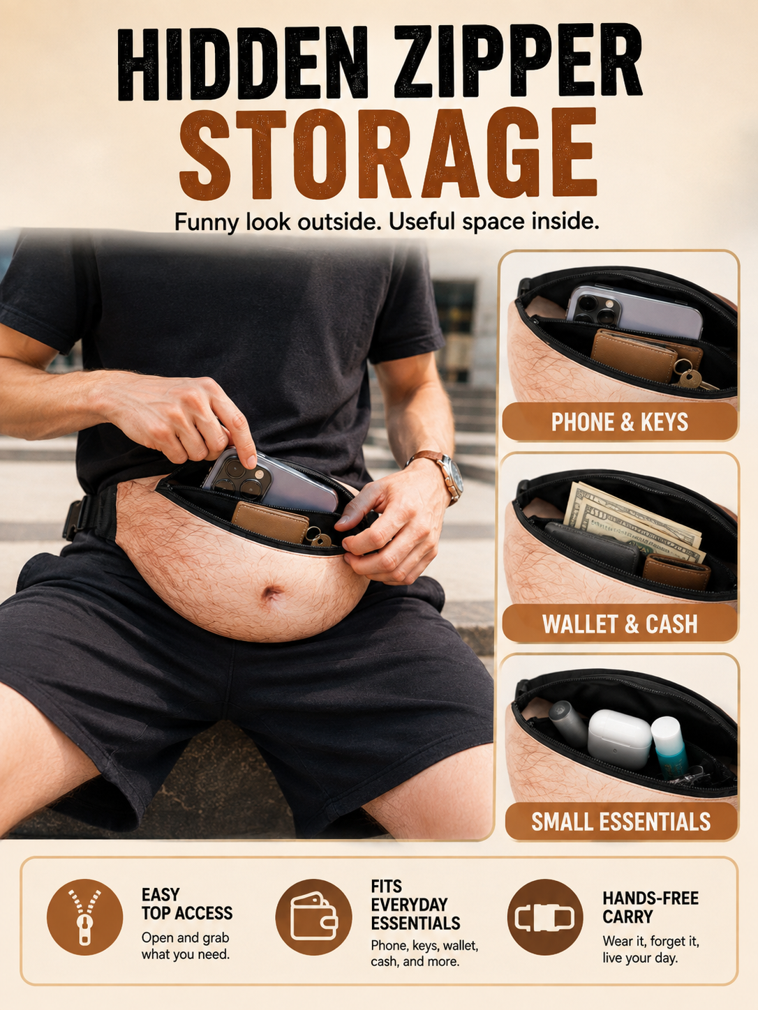 😂 Funny Dad Belly Fanny Pack 🍺🎒Adjustable Zipper Waist Bag for Travel Parties & Everyday Carry
