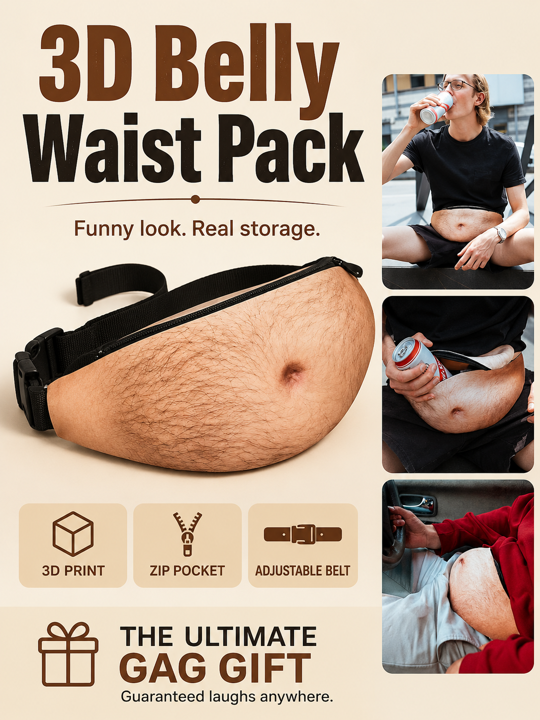 😂 Funny Dad Belly Fanny Pack 🍺🎒Adjustable Zipper Waist Bag for Travel Parties & Everyday Carry