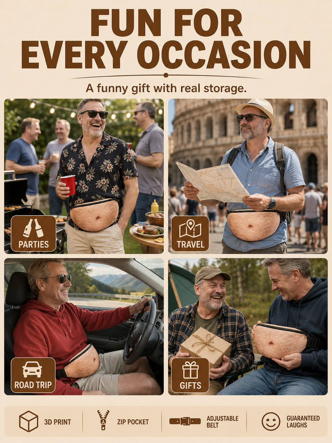 😂 Funny Dad Belly Fanny Pack 🍺🎒Adjustable Zipper Waist Bag for Travel Parties & Everyday Carry