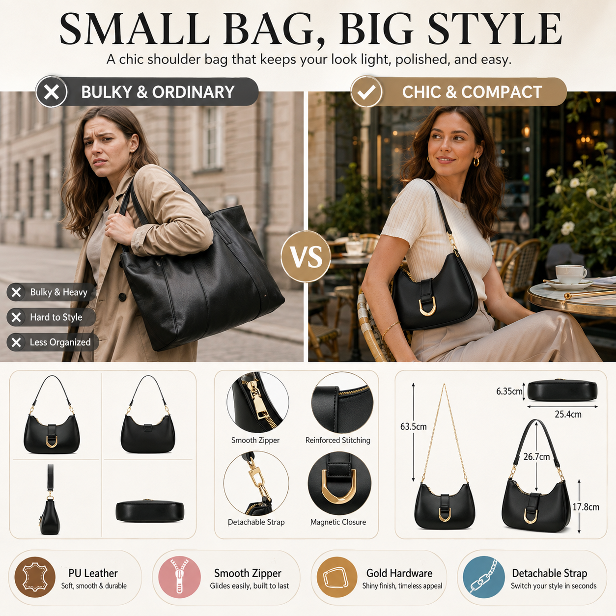 🎁✨Shoulder Bag for Women Trendy Everyday Purse Cute Handbag | Removable Short Strap, Extra Gold Chain