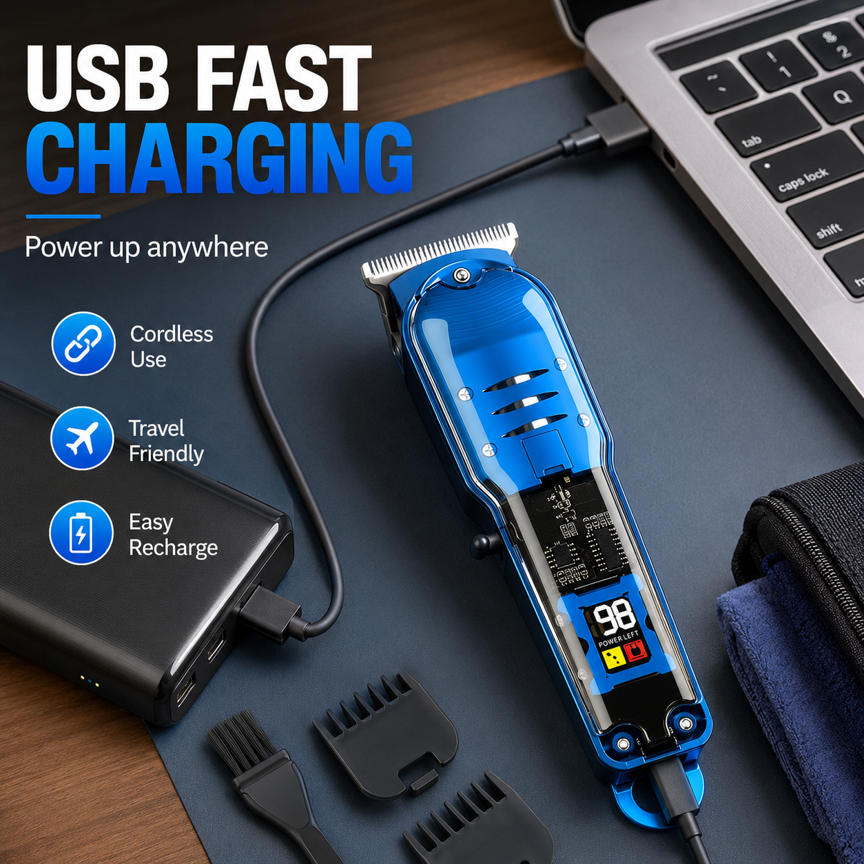 🔥🛠️Lightweight & Cordless Haircutting Kit for Men with USB Fastcharging and 4 Guide Combs