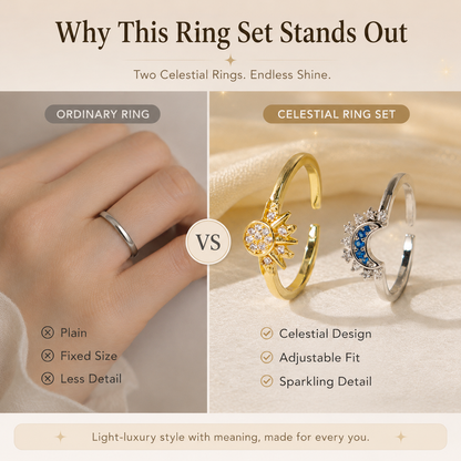 ✨ Celestial Sun & Moon Adjustable Ring Set – Sparkling Open-Fit Jewelry Gift