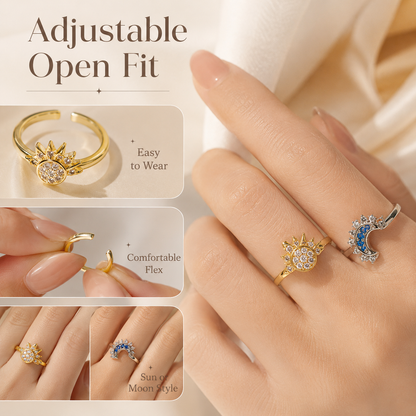 ✨ Celestial Sun & Moon Adjustable Ring Set – Sparkling Open-Fit Jewelry Gift