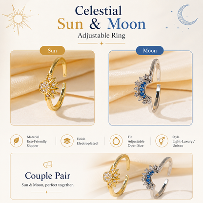 ✨ Celestial Sun & Moon Adjustable Ring Set – Sparkling Open-Fit Jewelry Gift